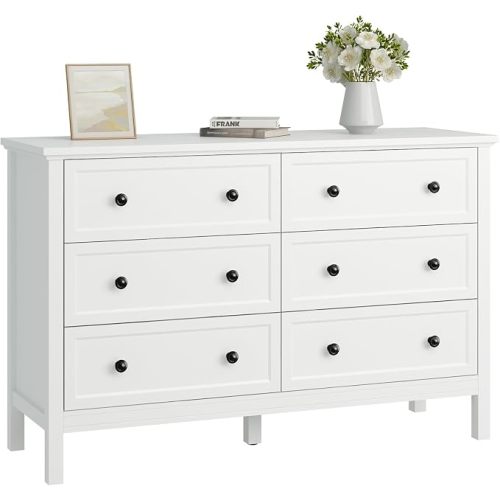 CARPETNAL 47" White Dresser for Bedroom with Modern Gold Handles & 6 Drawer