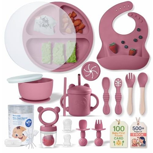 Remonda 23-Piece BPA-Free Silicone Baby Feeding Set | Extra Large Suction Plates, Toddler Bowls, Self Feeding Spoons, and More | Dishwasher Safe| Baby Led Weaning Supplies (Red) A1