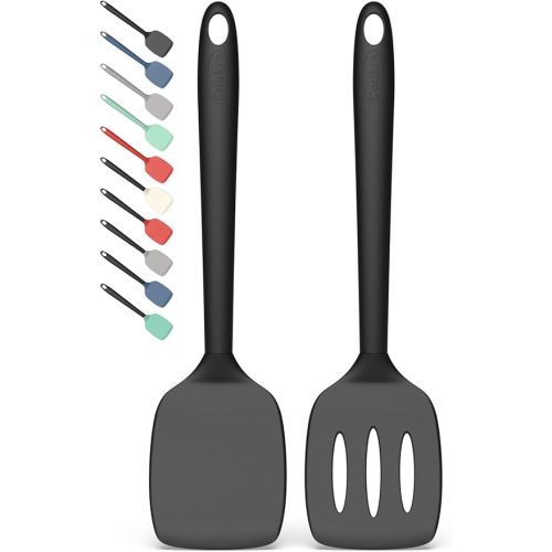 Coukre 2 Pack Silicone Spatula Set,High Heat Resistant, BPA-Free | Dishwasher Safe Kitchen Spatula for Nonstick Pans, Solid & Slotted Turners for Cooking, Sautéing, and Flipping, PureBlack