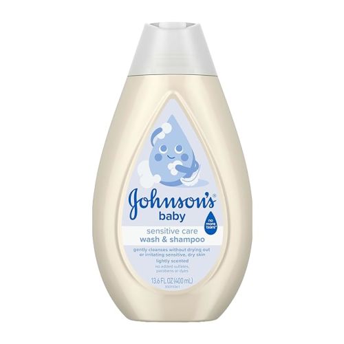 Johnson's Sensitive Care Baby Wash & Shampoo, Daily Moisturizing 2-in-1 Baby Wash & Shampoo to Gently Cleanse Without Drying Out Sensitive Skin, Light Scent, Hypoallergenic, 13.6 fl. oz