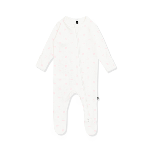 Pointelle Zippered Footie in Sweet Pink Bow