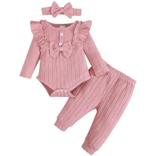 SUNNY PIGGY Baby Girl Clothes Newborn Infant Romper Ruffle Baby Girl's Outfit Knit Texture Fall Winter Clothing Pants Set