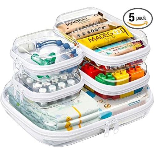 5 Pack Diaper Bag Organizer Pouches, Clear Hard Shell Zipper Cases for Baby Travel Essentials, Waterproof Storage Box for Pacifier Snacks Toys Wipes Clothes, Makeup Bag, Lego Toy Storage, Toiletry Bag