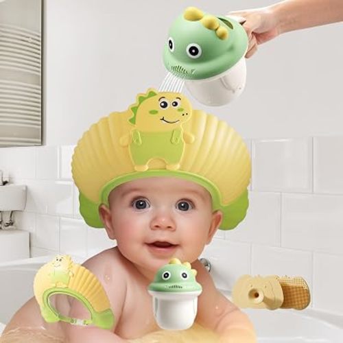 Baby Shower Cap Shield, Bath set shower cap/water cup/massage brush for Eye and Ear Protection, Cute Dinosaur Shape for 0-9 Years Old Children (Yellow)