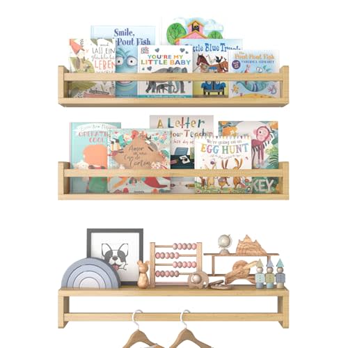 URBANCOZ Floating Nursery Book Shelves for Wall, 15.7 Inch Nature Solid Wood Wall Mounted Bookshelf Set of 3, Hanging Bookshelves for Kids Room, Bedroom Nursery Decor and Book Storage (Wood)