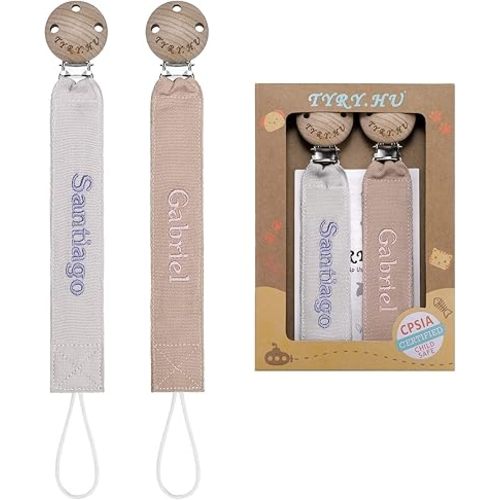 TYRY.HU Personalized Pacifier Clip with Name, Embroidery Pacifier Holder for Baby Girls and Boys, Neutral Binky Clips Universally Fit All Pacifiers, Baby Gift, 2 Pack(Grey,Khaki)