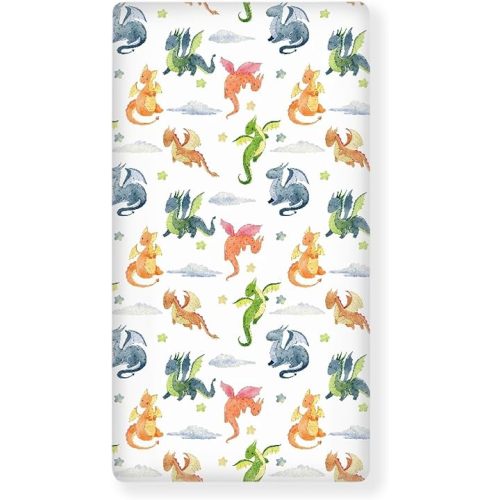 Fairytale Dragons Fitted Crib Sheet for Boys Girls Watercolor Cute Dragon Baby Sheet for Standard Crib and Toddler Clouds and Stars Nursery Bed Mattress Sheets 28"x52"