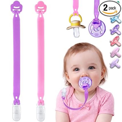 Silicone Pacifier Clip with Adapter Ring for Philips Avent Soothie, 2 Pack One-Piece Soft Binky Clips Holder for Baby Girls Boys, Anti-Loss Paci Clips for Baby Shower Newborn Essentials,Pink Purple