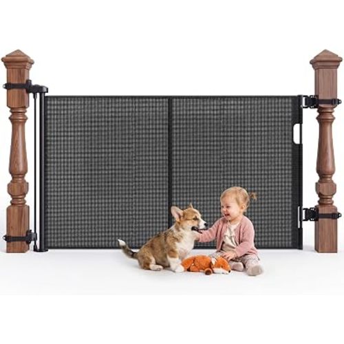 Reinforced Retractable Baby Gate for Stairs & Banister, 55" Wide Mesh Dog Gate, One-Handed Dual Lock Safety Gate for Kids & Pets, Fits Round & Square Posts (Black)