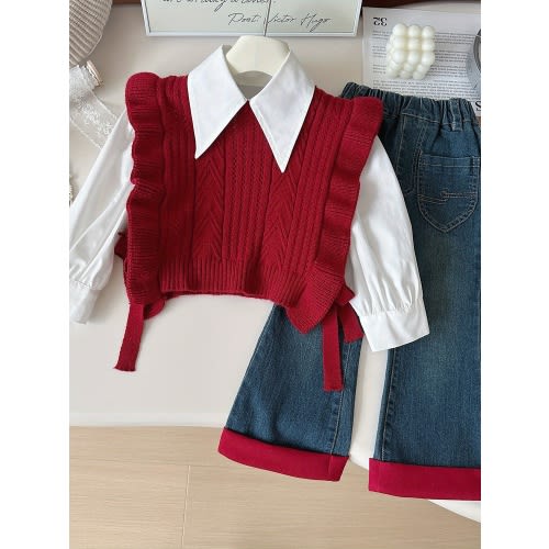1-2y 2025 three-piece set European and American girls autumn and winter Fleece vest with straps on both sides design ruffle edge decorative shirt wide-leg jeans three-piece set casual versatile daily wear birthday party family party, Perfect for Outdoor