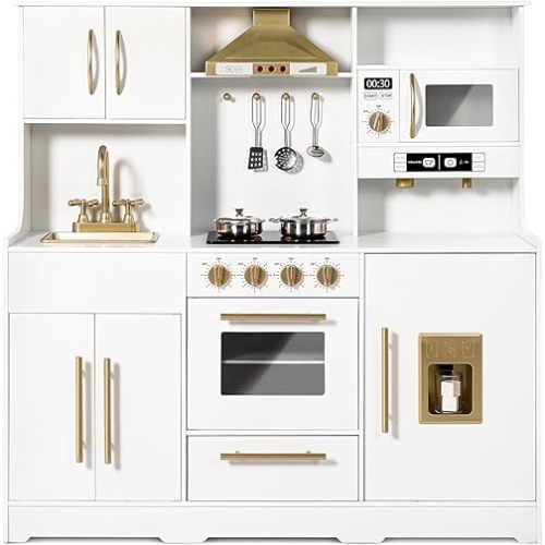 Kinder King Wooden Kids Play Kitchen, Toy Kitchen Playset for Toddler, Play Kitchen Set w/Real Sounds, Pretend Coffee Machine, Kitchen Hood, Sink, Ice Maker, Gift for Boys Girls Age 3+, White