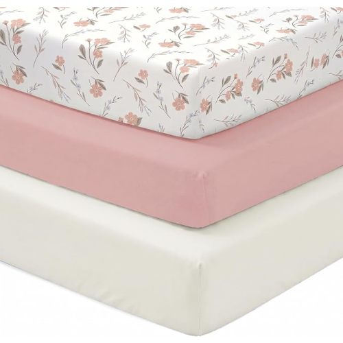 Baby Crib Sheets for Girls Boys, 3 Pack Fitted Crib Sheets 52 x 28 x 8 Inch, Soft Stretchy Polyester Baby Sheets for Standard Criband Toddler Mattress, Pink+White+Flower