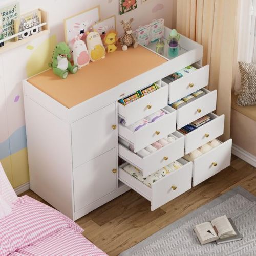 PAKASEPT 43.3" W Changing Table Dresser with Changing Table Top, Baby Nursery Dresser with 8 Drawers and 2 Cabinet, Diaper Changing Station