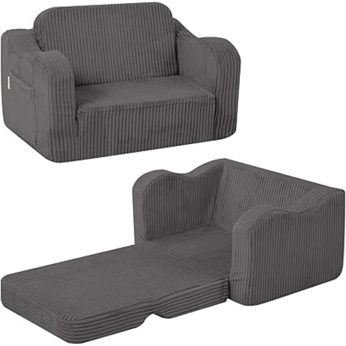 MeMoreCool Toddler Chair Comfy for 1-3 Years Old, Corduroy Kids Couch Bed Fold Out, 2-in-1 Foldable Baby Lounge Chair, Pull Out Children Sofa Bed, Dark Grey