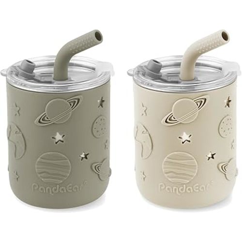 PandaEar 2 Pack Stainless Steel Toddler Cups with Lids & Silicone Sleeves | Spill Proof Sippy Cups with Straw Stopper & Teething-Friendly Straws for Kids & Babies (Beige & Khaki)