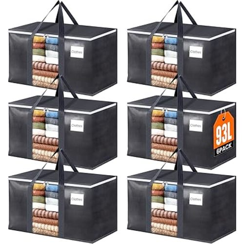 HomeHacks Extra Large Moving Bags with Visible PVC Window, Lightweight but Durable Storage Bags with Reinforced Handles, Storage Totes for Packing, Moving, Storage (93L, 6-Pack)