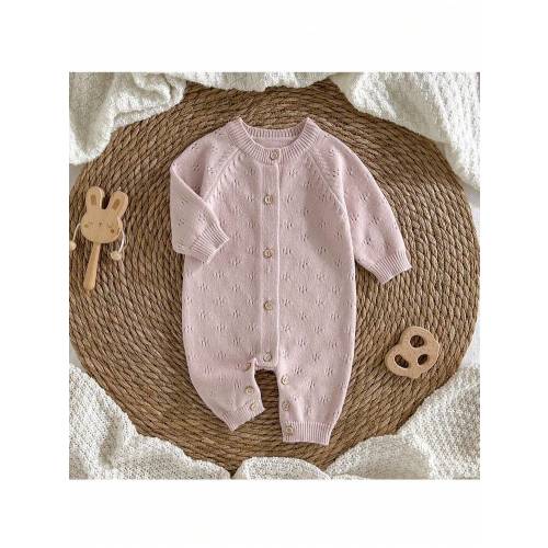 Loomiva Newborn Baby Boy/Girl Solid Color Knitted Soft Round Neck Long Sleeve Autumn Jumpsuit, Versatile & Comfortable | SHEIN USA