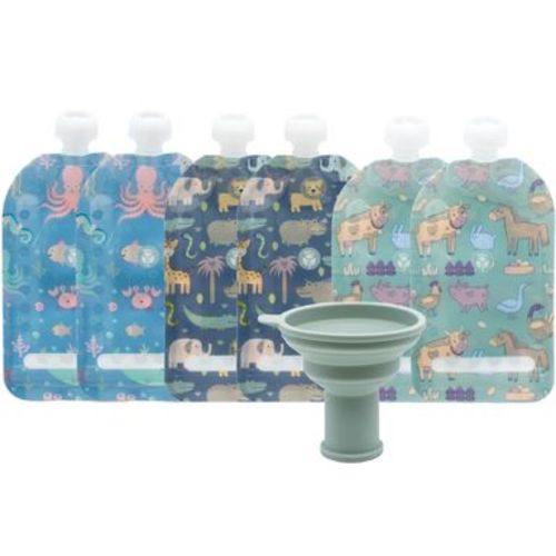 WeeSprout Double Zipper Reusable Food Pouches, 6-Pack - Animals, 7 Fl Oz