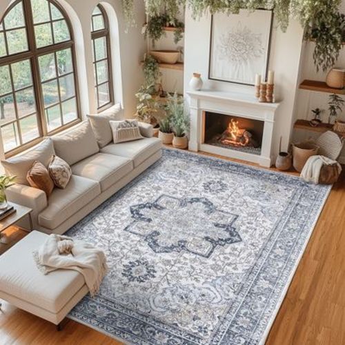9'x12' Washable Area Rug, Non-Slip Floral Carpet, Retro Floor Mat for Kitchen, Bathroom, Living Room, Bedroom, Entryway & Hallways: Vintage Blue