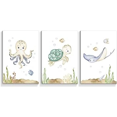 Yuaruo Ocean Animal Nursery Canvas Wall Art, 3 Piece Under The Sea Artwork Poster, Cute Life Aquatic Turtle Octopus Print Painting Decor for Baby Bedroom Playroom Classroom 12x16in Unframed