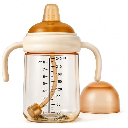 PPSU Sippy Cup with Weighted Straw, Baby Training Cup Handles, 8oz, 6M+ | Soft Silicone Spout, Spill-Resistant, Any-Angle Sip, Dishwasher Safe, Heat-Resistant, Thick Straw, Lightweight Grip