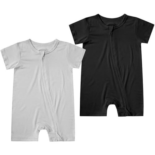 Teach Leanbh Unisex Baby 2 Pack Bamboo Viscose Pajamas Short Sleeve 2 Way Zipper Romper Jumpsuit Sleep and Play