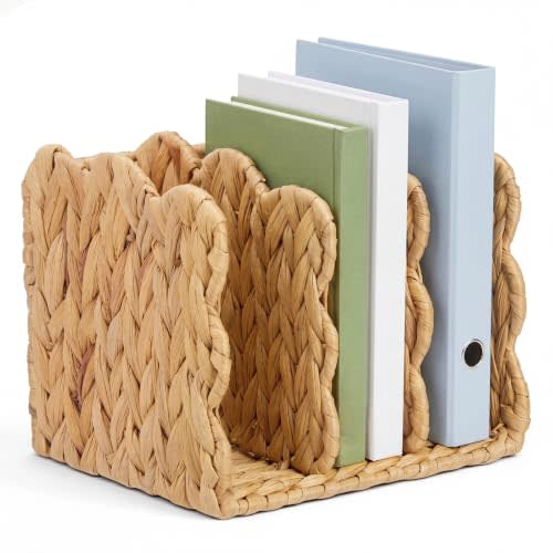 Novabright Scalloped Water Hyacinth Magazine Holder, Wicker Rattan File Organizer, 3 Vertical Compartments Desktop Paper Sorter for Binders, Notebooks, Envelopes, Woven Boho Office Desk Organizer