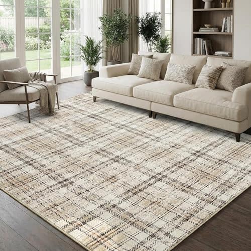 Garvee Washable 8x10 Area Rug for Living Room Non Slip Soft Bedroom Rugs Tartan Plaid Area Rug Non Shedding Low Pile Stain Resistant Carpet for Nursery Dining Room Playroom Office, Beige