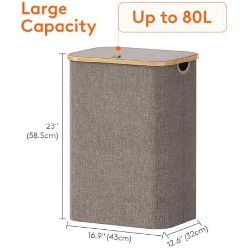 Lifewit 80L Large Laundry Basket with Lid, Removable Bags, Brown