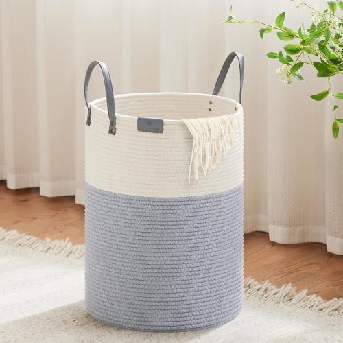 VIPOSCO 58L Tall Woven Rope Laundry Hamper, Leather Handles, Grey & White