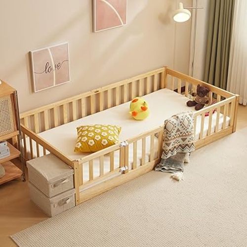Karl home Toddler Floor Bed with Door and Fence for Kids, Montessori Bed with 12 Slats and Safety Guardrails,Kids Bed Solid Wood Twin Bed Frame for Girls, Boys (Natural)