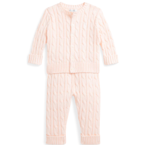 Cable-Knit Cotton Cardigan & Pant Set in Morning Pink | Over The Moon