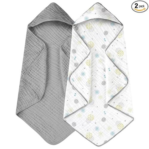 Yoofoss Hooded Baby Towels for Newborn 2 Pack 100% Muslin Organic Cotton Baby Bath Towel with Hood for Babies, Infant, Toddler and Kids, 32x32Inch, Soft and Absorbent Newborn Essential,Grey Flower