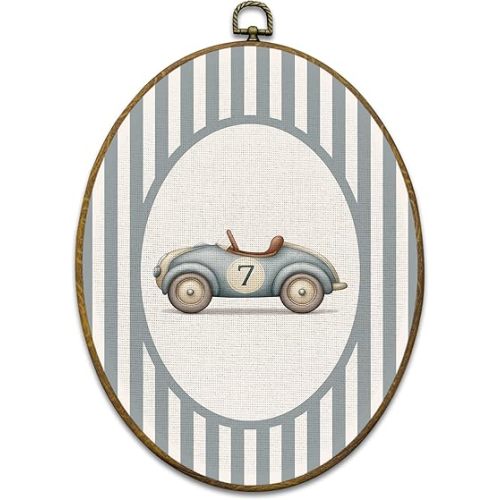 Vintage Race Car Nursery Wall Art Decor, Boy Nursery Framed Canvas Prints 8.6x11.4, Blue Striped Classic Race Car Oval Wall Hanging Artwork Decorations for Kids Boys Room Bedroom Playroom
