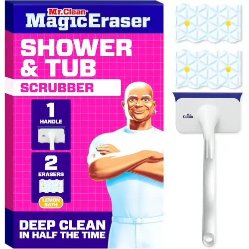 Mr. Clean Magic Eraser Shower & Tub Scrubber, Bathroom Cleaner, All in One Bathroom Cleaner, Lemon Starter Kit, 1 Scrubber & 2 Foaming Magic Erasers