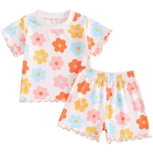 fhutpw Toddler Baby Girls Summer Outfits Daisy Ruffle Short Sleeve T-Shirts Tops Floral Shorts 2Pcs Clothes Set 6M-4T