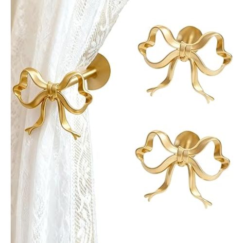 2 Pcs Large Elegant Gold Bow Curtain Holdbacks - Wall Mounted Curtain Hooks for Wall & Curtain Holders for Wall, Decorative Drapery Holdbacks for Living Room Bedroom Office Home