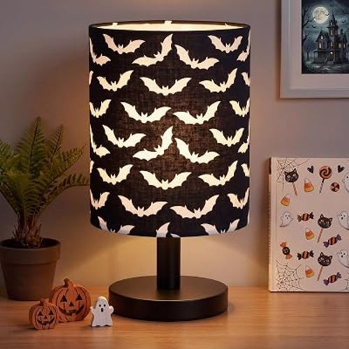VIHOSE Halloween Bat Kids Table Lamp for Bedroom Kids Bedside Lamp with Linen Wooden Nightstand Cartoon Nursery Lampshade for Girls Boys Living Room