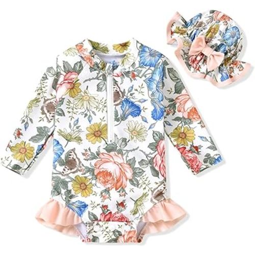 Aalizzwell Baby Girls Long Sleeve One Piece Swimsuit with Hat