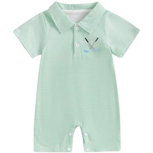 Baby Boy Summer Outfit Short Sleeve Embroidery Collared Romper Lapel Button Striped Bodysuit Jumpsuit Clothes