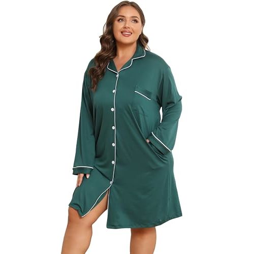 Vozanet Women Button Down Nightgown Plus Size Nursing Nightshirt Long Sleeve Nighty Bridal Dress with Pockets XL-5XL
