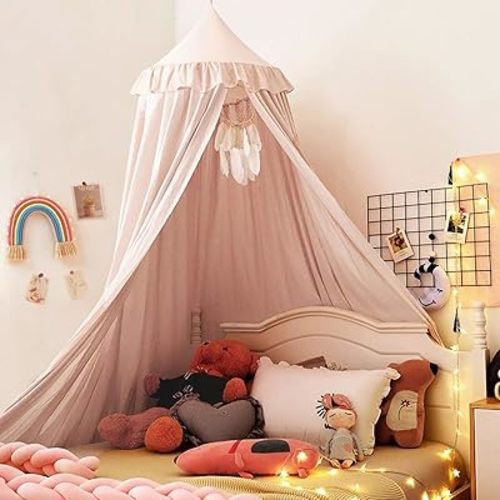 Kertnic Decor Princess Canopy for Girls Bed, Soft Smooth Playing Tent Canopy Room Decoration Castle, Dreamy Mosquito Net Bedding, Reading Nook Canopies in Home (Pink-Ruffle)