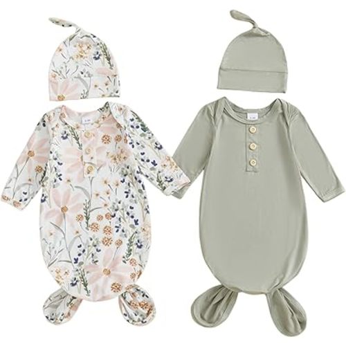 woshilaocai 2 Pack Baby Boy Girl Gown Sleeper Newborn Knotted Nightgown and Hat Set Infant Sleepwear