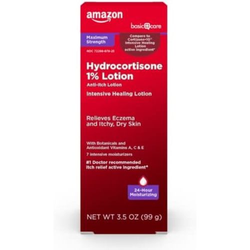Amazon Basic Care Maximum Strength 1% Hydrocortisone Anti-Itch Lotion for Eczema Relief, Intensive Healing, Redness and Rashes, 3.5 ounce (Pack of 1)
