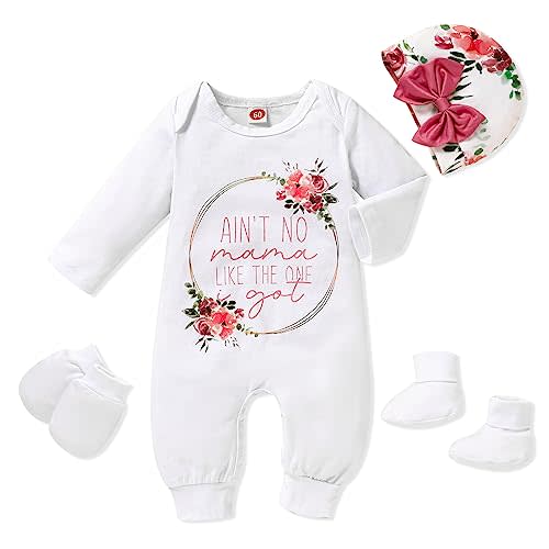 Sinhoon Newborn Baby Girl Romper Infant Letter Print Bodysuit Jumpsuit+Hat+Gloves+Socks 4Pcs Coming Home Clothes Outfit