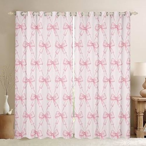 Feelyou Bow Curtains for Bedroom Living Room (2 Panels, 42 x 84 Inch) Pink Girls Bow 30%-50% Room Darkening Blackout Curtain Boys Girls Cute Bowknot Blackout Curtains Kawaii Window Treatments