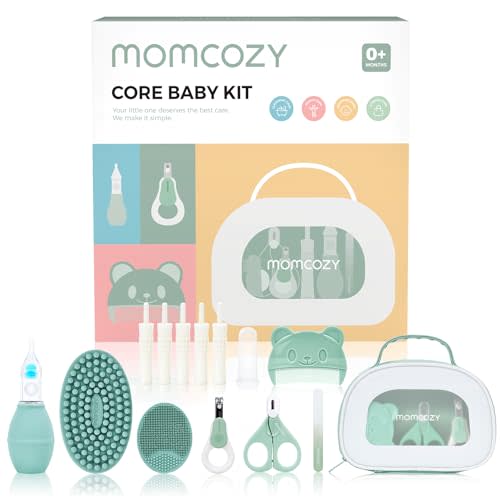 Momcozy Core Baby Kit, Baby Essential Kit for Grooming & Health & Cleansing Care, Includes Nail File Kits, Nasal Aspirator, Gas Relief Tubes, Bath Brushes, Toothbrush, Comb, Portable Storage Case