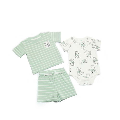 Disney Clothes Baby Boys 3-Piece Short Set Winnie the Pooh T-Shirt, Bodysuit & Shorts (Green) 6/9M