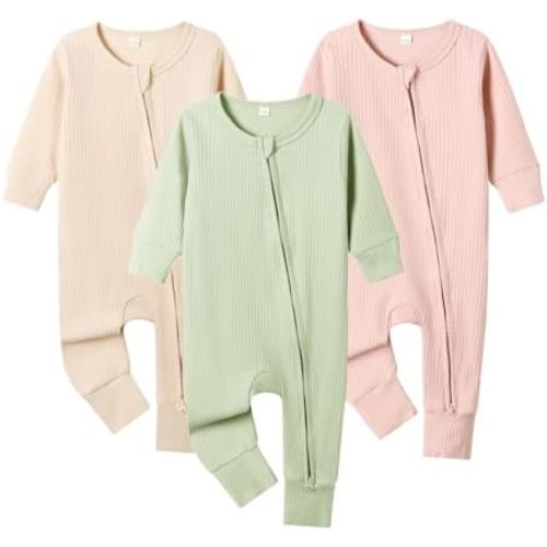Bafeicao 3 Pack Baby Boy Girl Rompers with Mitten Cuffs, Ribbed Cotton 2 Way Zipper Romper One Piece Jumpsuits Clothes