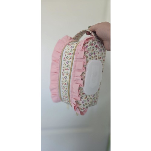 Floral Diaper + Wipe Pouch W/ Pink Ruffle + Gold/White Zipper